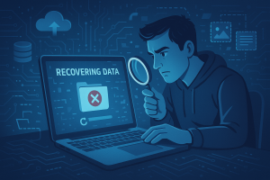 User attempting to recover lost files on a laptop using data recovery software