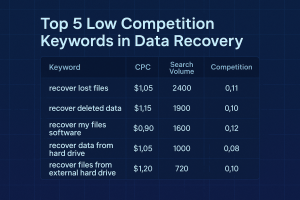 Infographic showing low competition data recovery keywords and their CPC"